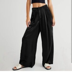 Free People Black Satin Good Days Wide Leg Pants - S